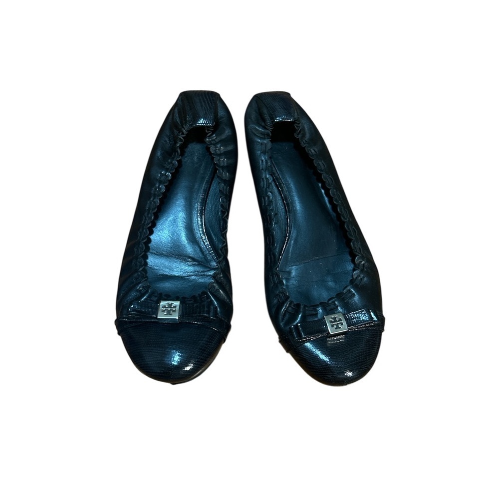 Tory Burch Black Leather Ballet Flats Women’s 8.5 Patent Cap Toe Logo Bow Reva